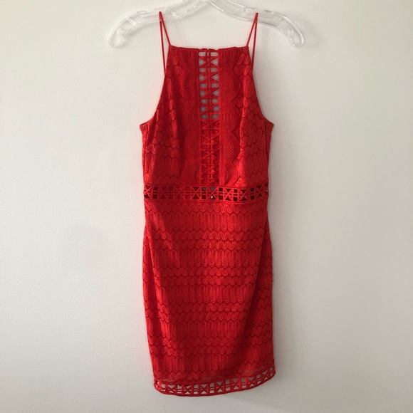 Topshop Red Lace Bodycon Cocktail Dress 4 - Picture 3 of 10